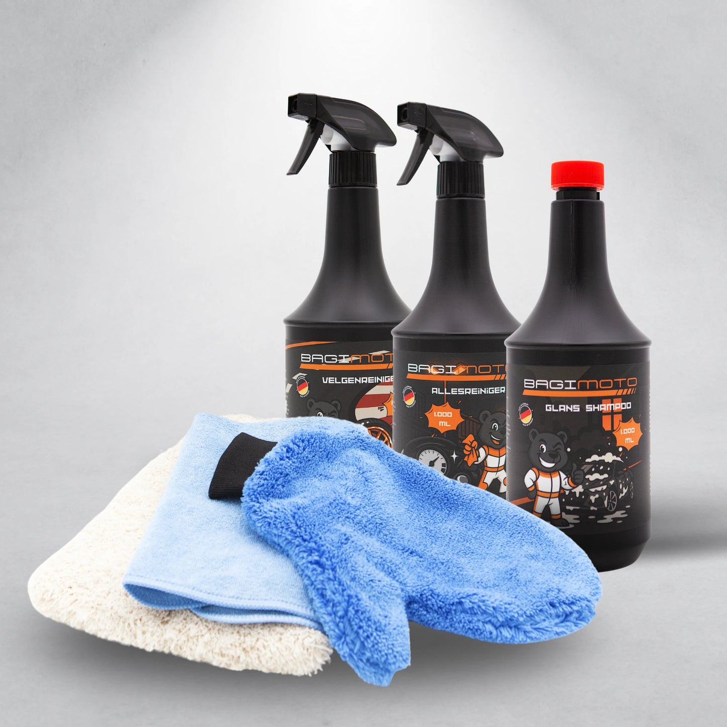 Bagimoto Gevorderdpakket – compleet schoonmaakpakket voor motoren en auto’s.