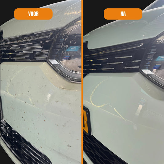 Insectenverwijderaar voor & na voorkant auto.