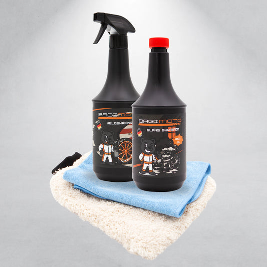 Bagimoto Basispakket – start schoonmaakpakket voor motor en auto met essentiële reinigers.