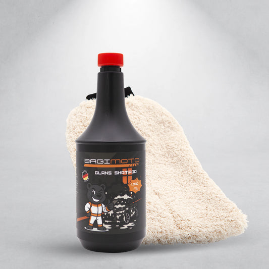 Bagimoto Waspakket – Autowaspakket en motorwashandschoen met shampoo en washandschoen voor grondige reiniging.